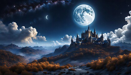 A beautiful fantasy landscape with a castle and clouds and the moon at night.  - obrazy, fototapety, plakaty