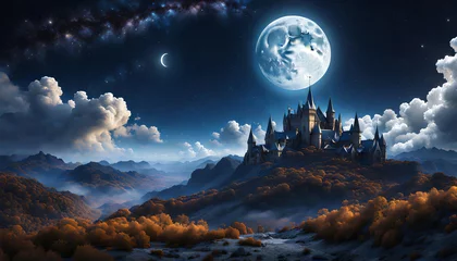 Poster Paysage fantastique A beautiful fantasy landscape with a castle and clouds and the moon at night. 