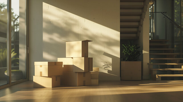 photo of moving boxes standing in a modern home.