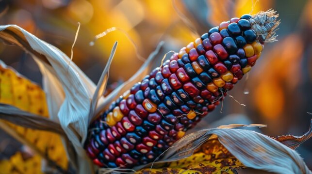 Colorful cobs of ornamental corn lie side by side and on top of each other and form background in autumn