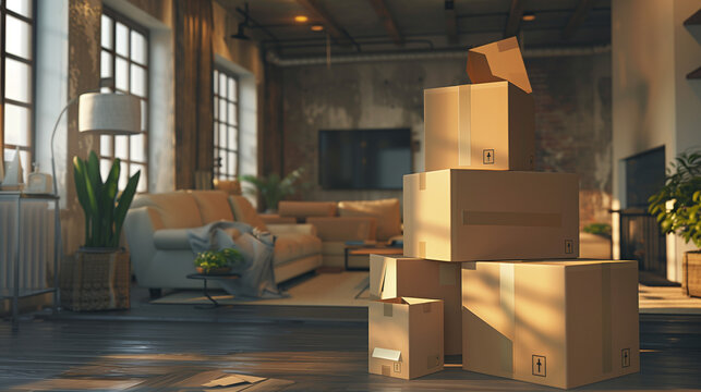 photo of moving boxes standing in a modern home.