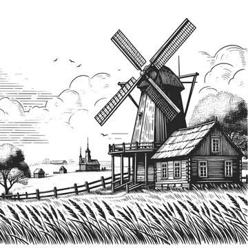 cozy rural farm windmill pastoral landscape, featuring farmhouses, cultivated fields lush vegetation. Sketch engraving generative ai vector illustration. Scratch board imitation. Black and white image