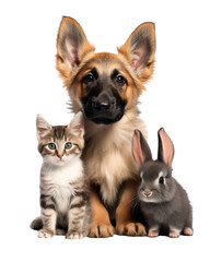 Group of German shepherd puppy with cat and little bunny sitting together, isolated on transparent background