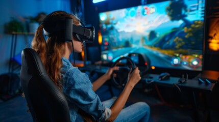 Virtual reality driving school exam simulation with young woman in car simulator control class