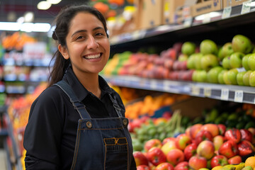 Smiling female supermarket fruit section worker looking at the camera