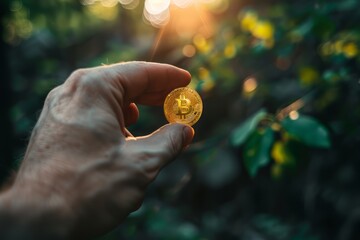 Cryptocurrency golden bitcoin coin in man hand. Cryptocurrencies. Business.Electronic virtual money