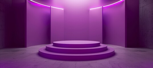 Purple podium stage platform with spotlight for product display on abstract scene wall and floor