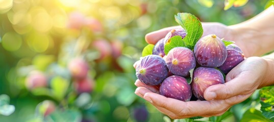 Hand holding ripe fig, selecting with blurred background, perfect for text placement