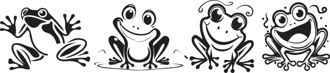 minimalist shapes of happy frogs, smiling amphibians with big eyes, black vector graphic laser cutting engraving