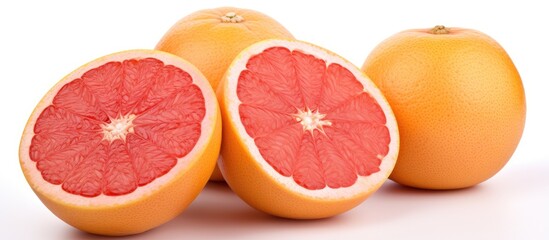 Three seedless grapefruits are sliced in half, showcasing their vibrant citrus colors on a clean white background