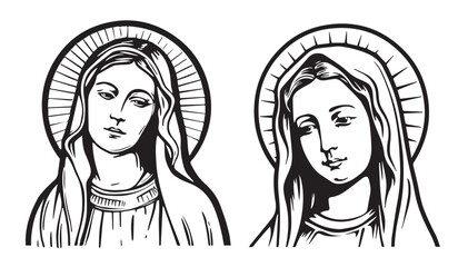 portrait of Virgin Mary, Mother of God, black vector graphic