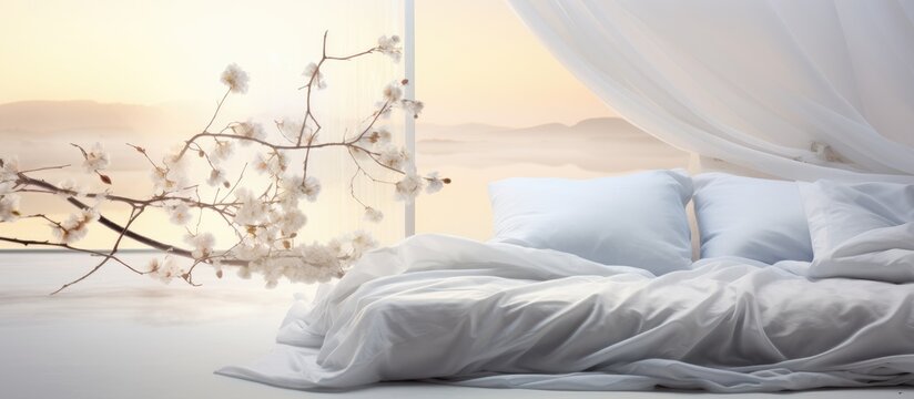 An artful scene of a bed with white sheets and pillows under a canopy in a bedroom, as snow falls outside, the wind howls, and the asphalt road is covered in a freezing winter blanket