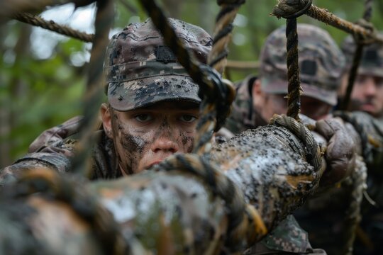 Army trainees navigate an obstacle involving ropes in a teamwork-focused field exercise
