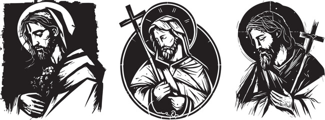 Jesus Christ holding the cross, symbolic religious figure, black vector graphic laser cutting engraving