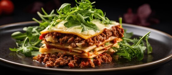 A closeup photo of a lasagna dish featuring layers of pasta, cheese, and meat topped with greens. This staple food is a popular Italian cuisine