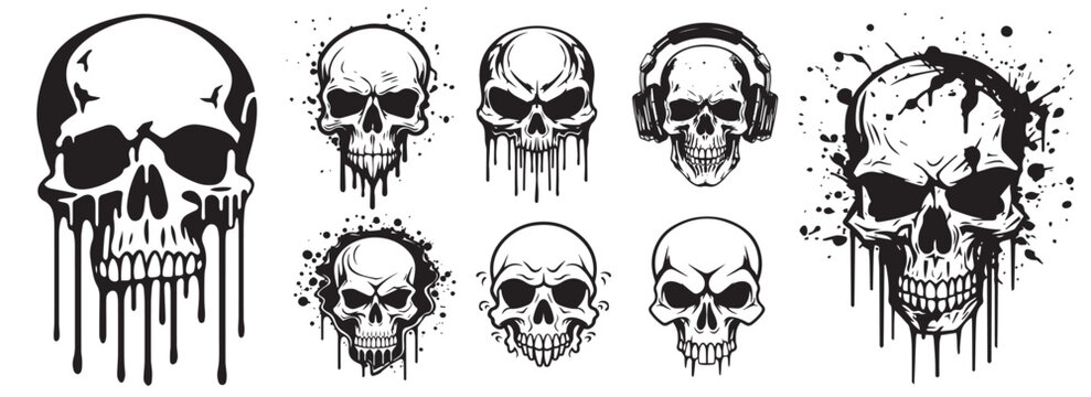 destroyed skulls with dripping paint, fluid dynamic splashes, black vector graphic laser cutting engraving
