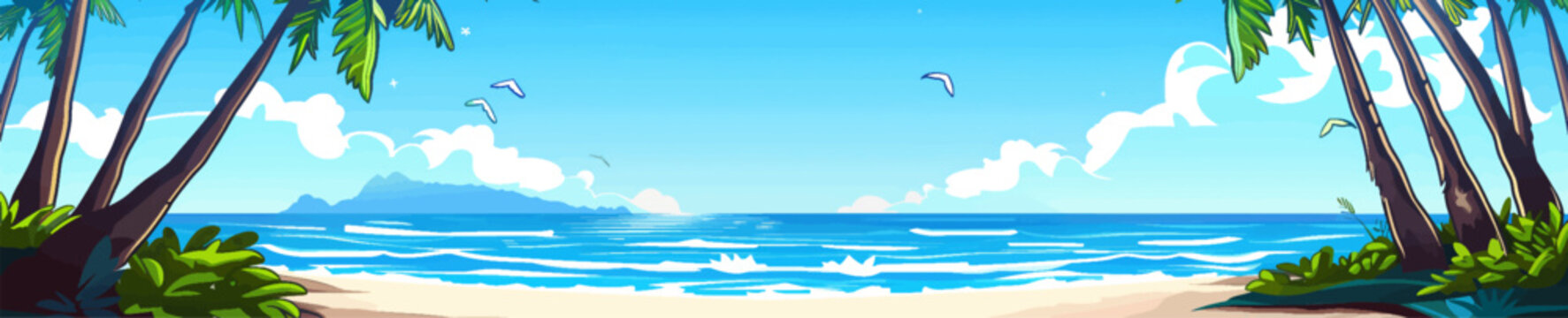 serene panoramic illustration of a tropical beach, with palm trees framing the tranquil blue ocean and clear skies generative ai vector illustration