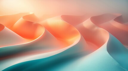 Fototapeta na wymiar Abstract waves in light peach and turquoise, soft lighting and graceful lines. 