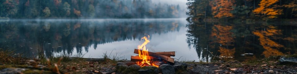 Inviting campfire on the beach during the summer, bring back fond memories. Fun and good times at lake. - obrazy, fototapety, plakaty