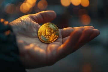 Cryptocurrency golden bitcoin coin in man hand. Cryptocurrencies. Business.Electronic virtual money