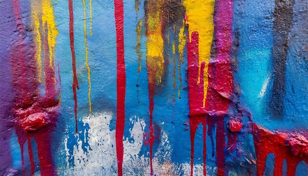 Messy paint strokes and smudges on an old painted wall background. Abstract wall surface with part of graffiti. Colorful drips, flows, streaks
