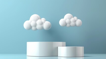 Minimalist gray cloud background podium with white display platform, dreamy 3d render stage scene