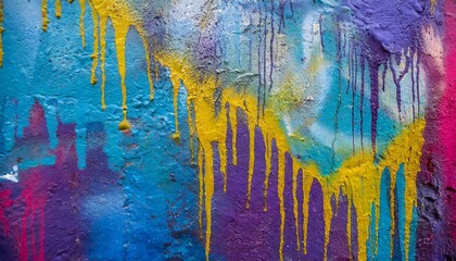 Messy paint strokes and smudges on an old painted wall background. Abstract wall surface with part of graffiti. Colorful drips, flows, streaks - obrazy, fototapety, plakaty
