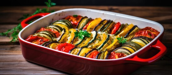 A vibrant red casserole dish filled with a medley of colorful vegetables displayed on a rustic wooden table, creating a beautiful and appetizing display of fresh produce