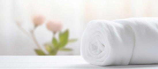 A white towel, resembling a rolledup petal, is placed on a white table, creating a serene still life composition. This scene could be captured beautifully through still life or macro photography