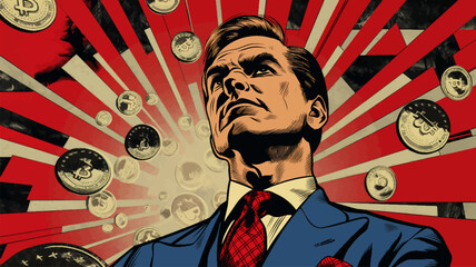 determined businessman against a backdrop of various cryptocurrency coins, representing digital currency investment and the future of finance generative ai vector illustration