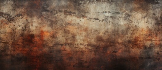 A close up of a rusty brown metal surface with a blurred natural landscape background. The pattern of rust resembles wood grain, creating an artful visual arts composition in the darkness - obrazy, fototapety, plakaty