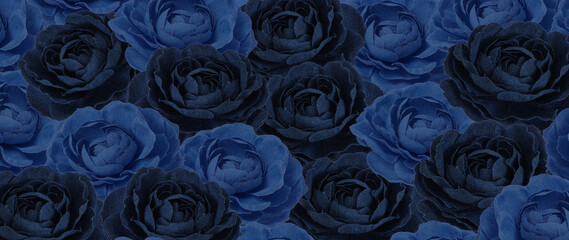 Full frame background with many roses in blue denim fabric. Fabric flowers bouquet.
