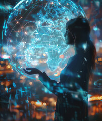 In n the Era of Metaverse: Embracing Virtual Reality Connectivity. A woman holds the power of a global network connection, symbolizing the future of communication through internet and wireless tec - obrazy, fototapety, plakaty