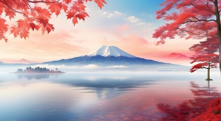 abstracted, hazy background of nature One of the greatest spots is Lake Kawaguchiko during the colorful fall season, with Mount Fuji featuring morning mist and scarlet leaves.