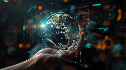 The image you’ve provided depicts a fascinating scene: Central Focus: A human hand is prominently displayed, seemingly holding or presenting a holographic representation of Earth - obrazy, fototapety, plakaty