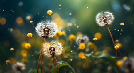 Abstract blurring background of nature with dandelions and parachute seeds. Nature's abstract bokeh pattern