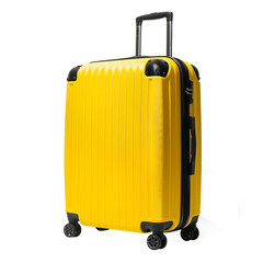 big yellow travel suitcase with transparent isolated background