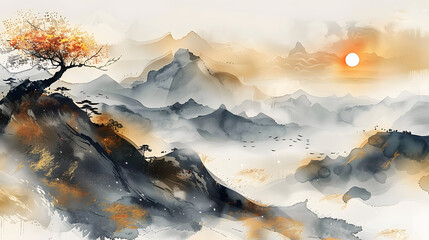 Artistic background, landscape painting, Chinese style, mood landscape painting, golden texture. Ink landscape painting. Modern Art. Wallpaper, posters, murals, carpets.