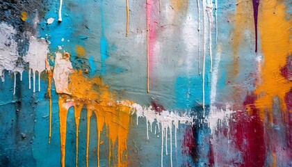 background with watercolor, Messy paint strokes and smudges on an old painted wall background. Abstract wall surface with part of graffiti. Colorful drips, flows, streaks - obrazy, fototapety, plakaty