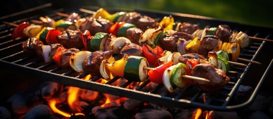 A variety of skewers featuring meat and vegetables cooking on the grill, perfect for a delicious finger food dish. A great recipe for a summer barbecue