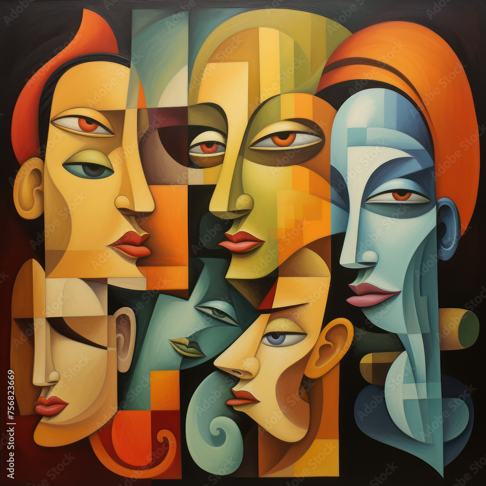 Poster painting creating a puzzle of abstract faces with harmonious color harmony