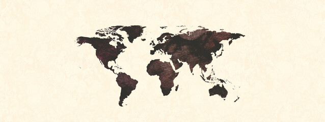 Wallpaper or graphic depicting the outline of a world map. Beautiful colour scheme in coffee shades and soft beige background tones. 