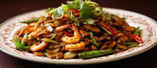 A dish of shrimp and vegetables, a staple food in many cuisines, made with terrestrial plants as ingredients. Ready to be enjoyed on the table