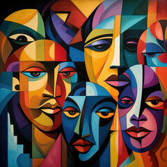 Mosaic of faces in vivid expression, cubism
