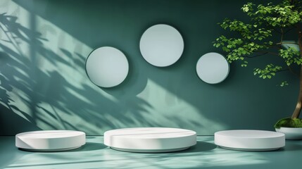 Luxury green podium stand for summer fashion, with plant shadows, perfect for sale art showcase.