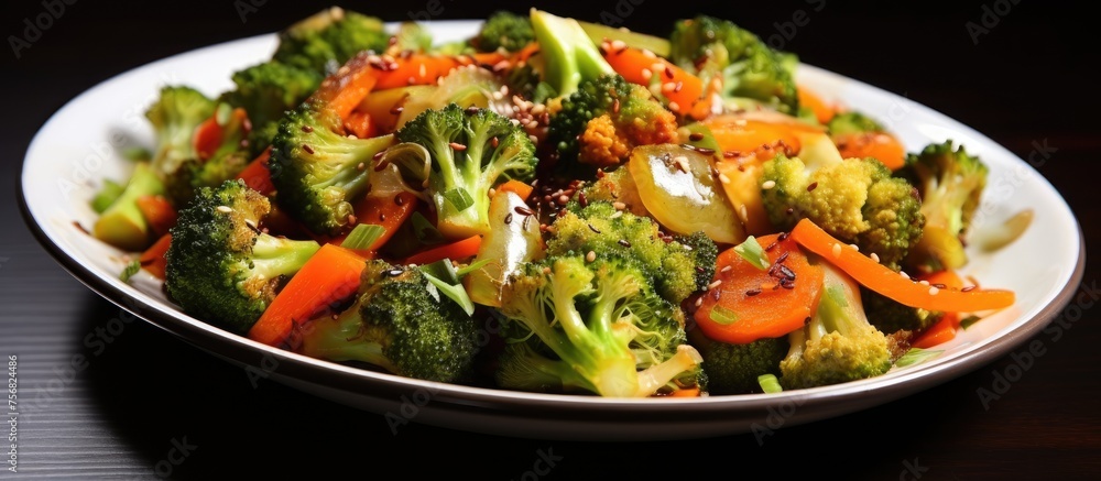 Poster a white plate with a colorful garden salad of broccoli and carrots placed on a table, showcasing fre