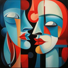 Cubist painting depicting a couple, intricately intertwined with a abstract of shapes