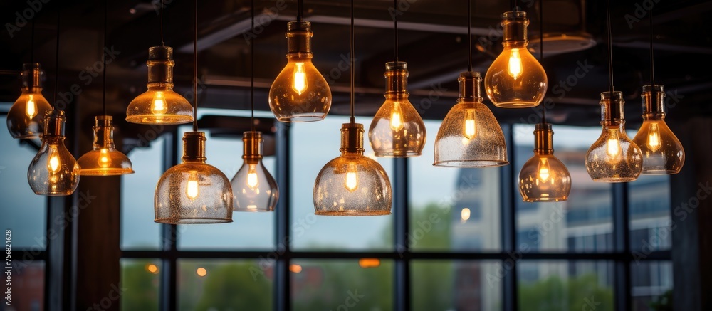 Poster the lighting fixture composed of numerous glass light bulbs hangs symmetrically from the ceiling in 