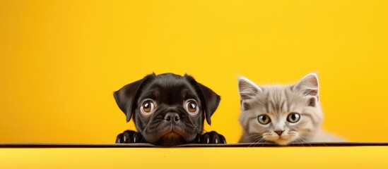 A Dog and a Kitten from the Carnivora family are peeking over a yellow wall with their whiskers and...