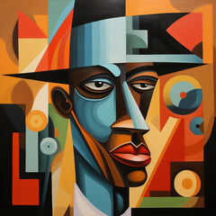 Cubist interpretation of a face, creatively merging bold geometry with human features